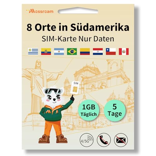 SIM-Karte für 8 Länder in Südamerika – Prepaid-Datentarife | 1 GB Daten täglich, 5 Tage | Highspeed-Internet | Ideal für Reisende
