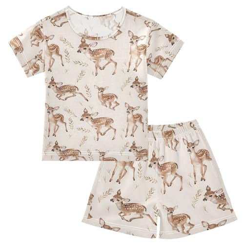 ALAZA Deer Leaf Retro Pajamas Short Sleeve 2 Piece Sleepwear Top and Bottom Pajama Set Unisex