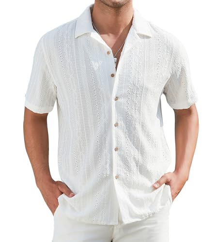 Damipow Mens Casual Button Down Shirts Short Sleeve Fashion Vacation Beach Shirts,White,L