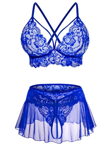 Image of CRIPOM Sexy Lingerie for Women Naughty 3 Piece Lace Bralette, Mini Skirt with G-String Crotchless Lingerie Outfits