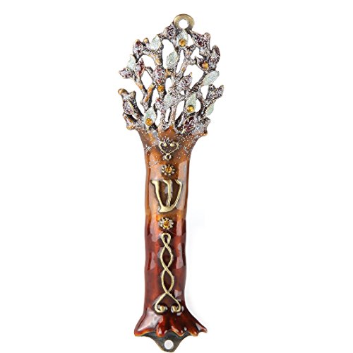 Home-X Judaica Jewish Brown Tree of Life Pewter Mezuzah