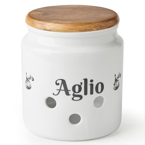 Meideal Ceramic Garlic Keeper for Counter, Garlic Holder Storage with Wooden Lid, 4.4 inch Garlic Saver to Keep Your Garlic Cloves Fresh Longer, Garlic Container, Garlic Jar for Kitchen, White