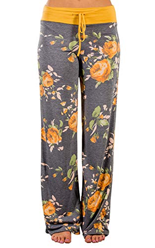 Image of AMiERY Women's Comfy Casual Pajama Pants Floral Print Drawstring Palazzo Lounge Pants Wide Leg