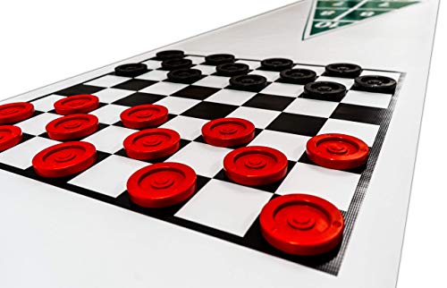 Family Shuffleboard Court with Checker Board 2 Games in One 4\" Discs (12 Red, 12 Black), 4 - Shuffleboard Cues, 3\'W x 18\'L Rollout Court, Rules for Shuffleboard & Checkers