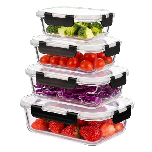 KUUKA Recipientes de vidrio herméticos con tapa de silicona – set 4 piezas 370 ml + 640 ml + 1050 ml + 1520 ml, tupper cristal comida, aptos microondas nevera congelador, organizar cocina