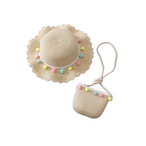 NUOBESTY Girls Straw Hat and Purse Sets Brim Plush Ball Pom Pom Beach Sun Hats Mini Cross-Body Bag Princess Hat Bag2