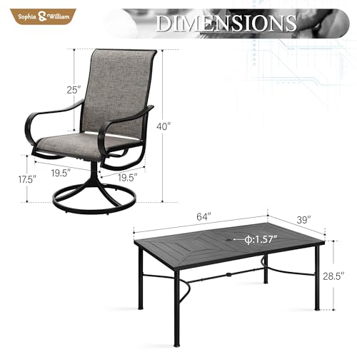 Image of Sophia & William Outdoor Dining Set Patio Dining Set for 6 Outdoor Table and Chairs 7 Pieces Outdoor Patio Set with Swivel Patio Chairs 64 inch Metal Table for Garden Pool All Weather Brown
