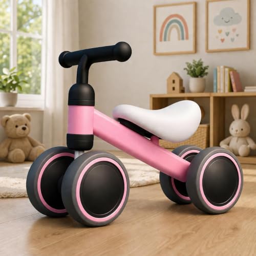 Image of 4 Wheel Ride On Balance Bike for Toddlers, Baby Push Walker Ride-On Toy with Silent Wheels, Indoor Outdoor First Bike,Beads Drawing Board for Kids & Girls (Pink) (Pink)