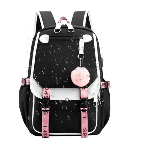 Mochila genérica para mujer, mochila escolar | Bolsa de hombro con compartimentos múltiples, paquete de trabajo | Escuela Knapsack Ladies Daypack con pelota de peluche para ir de compras, Negro , Se