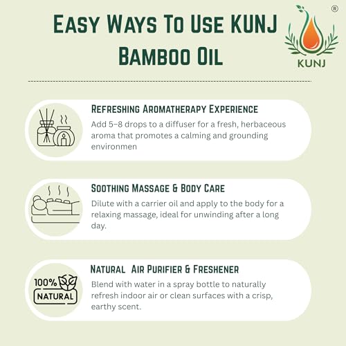 Image of KUNJ Bamboo Essential Oil (Bambusa arundinacea) 100ML - 100% Pure & Natural, Undiluted, Steam Distilled - Therapeutic Grade Oil for Hair Strengthening, Skin Care & Aromatherapy