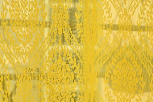 Image of Fabrilia Polyester Sheer Net Damask Design Semi Transparent Eyelet Window Curtains 5 feet Long Set of 2- Yellow