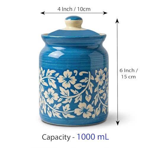 Image of Ceramic Handmade Pickle Jars in 1000ml (set of 2) | Handpainted Floral Bale 1 kg Achaar Martban | Ceramic Jadi for Kitchen Storage (Set of 2) | Jars for Achar, Spices, Salt (Floral SkyBlue Bale)