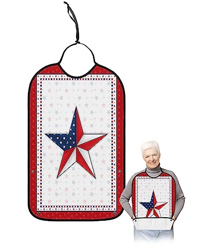 LEOKOTI 4th of July Adult Bibs for Eating, Waterproof Bibs with Food Catcher & Adjustable Snap Closure, Independence Day Red Board Star Washable Clothing Protectors Adult Bibs for Elderly Women/Men