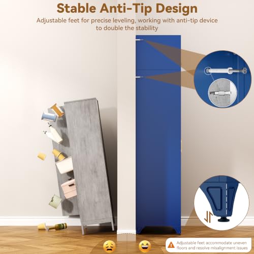 Image of Polup 90 inch Pantry Cabinet, Tall Metal Storage Cabinet with Doors and Shelves | Blue Kitchen Cabinet, 5 Adjustable Shelving, Heavy-Duty, 2 Gold Handles, 4 Standing Feet, for Dining Room Garage & Laundry
