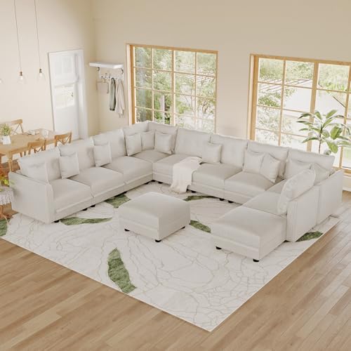 Image of LLappuil 11-Seat Modular Sectional Sofa with Storage, Oversized V-Shaped Corduroy Couch with 10 Throw Pillows, Pet-Friendly Convertible Pit Sofa for Large Living Room, Skin-Friendly, Beige