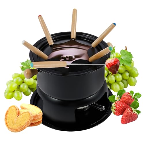 Fyeme Schokofondue Set mit 6 Gabeln Käsefondue mit Spritzwassergeschützte Abdeckung Kohlenstoffstahl Schokoladenfondue Geeignet für Die Zubereitung von Suppe Käse Schokolade Käsefondue