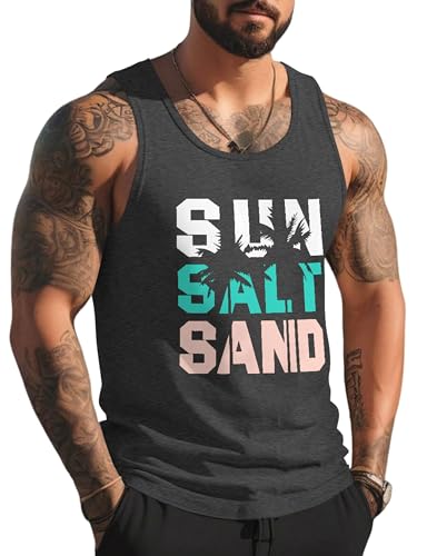 Gosuif Mens Tank Top Men's Tank Shirts Tank Top Mens Summer Beach Mens Tank Graphic Letter Print Workout Sleeveless Shirts for Men Hawaiian Vacation Grey Tank Top for Men XL