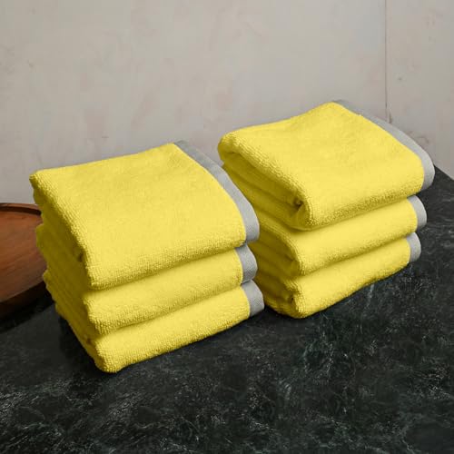 Image of Divine Casa 500 GSM Cotton Face Towel Set of 6 | 30 x 30 CM Yellow Ultra Soft Absorbent Cotton Face Towels | Luxury Hotel Quality Quick Dry Washcloths