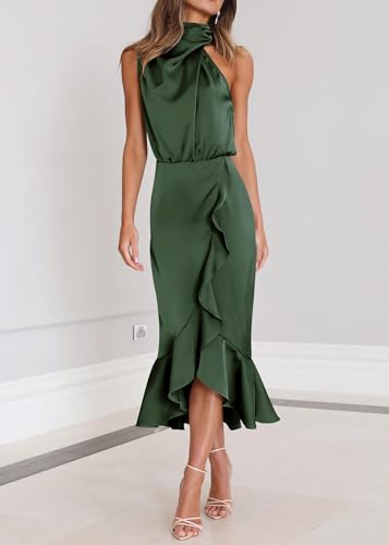 Image of KIRUNDO Women's Summer Satin Mock Neck Wedding Guest Dress