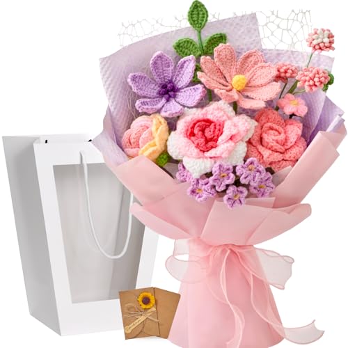 Serwalin Pink Crochet Flower Bouquet Rose Crochet Flowers for Mothers Day