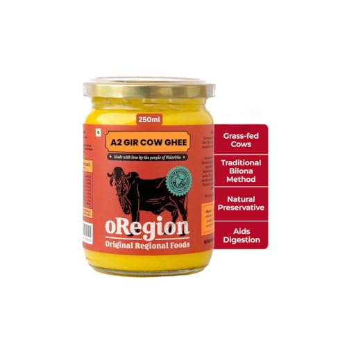 Image of oRegion A2 Milk Pure Gir Cow Premium Desi Ghee (250ml),100% Organic from Grass-Fed Cows, Vedic Bilona Method, Curd Churned, Pure, Natural & Healthy, Lab Tested, Immunity Booster, Glass Jar