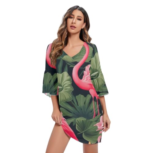 Robe courte imprimé chic flamingo et feuilles vertes style party dress d'été