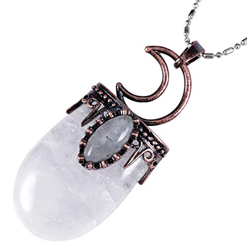 KYEYGWO Lune Collier en Pierre de Cristal Semi-Rond pour Femme, Protection Pendentif en Pierre Precieuse avec Chaîne, Cristal de Roche Cover