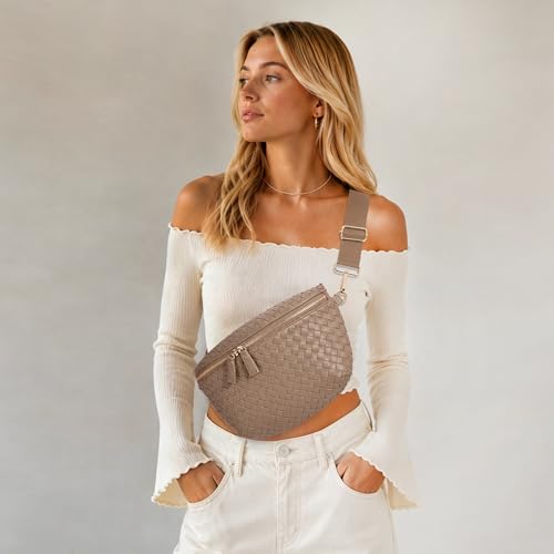 Image of KALIDI Woven Crossbody Bag for Women Travel Vegan Leather Belt Bum Bag | Fanny Packs for Woman Trendy Cross Body Sling Purse for Casual Everyday Daily Errands Shopping Trip Festival, Khaki