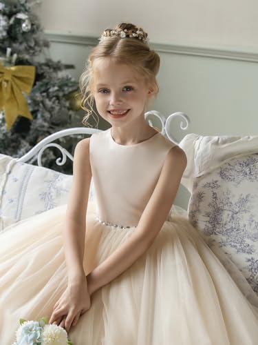Girl's Crew Neck Tulle Flower Girls Dresses for Wedding Back Tied Bow Pageant Princess First Communion Dress2