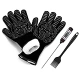 JATrade Grillhandschuhe Ofenhandschuhe inkl. Grillthermometer & Marinierpinsel, Handschuhe ideal für Grill Holzofen Feuerschale Dutch Oven Smoker Kamin Zubehör Set, extrem hitzebeständig bis 800 Grad