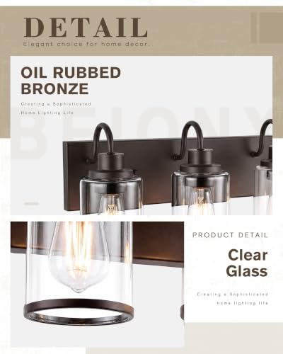 Image of Beionxii 3 Light Bathroom Light Fixtures, Oil Rubbed Bronze Vanity Lights with Clear Glass Shades, Vanity Lights Over Mirror, Wall Sconces for Kitchen Living Room Hallway Cabinet Porch, BX-VL01ORB-3CG