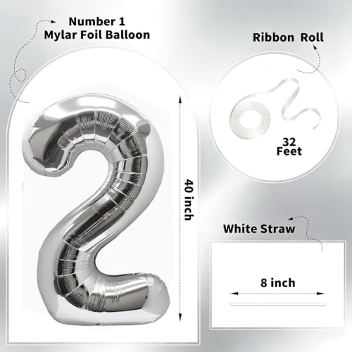Image of Number Balloons Silver Party Balloon - Giant Number 2 Balloon, 40 Inch Large Balloon for Birthday Decorations, Silver Party Supplies for Anniversary