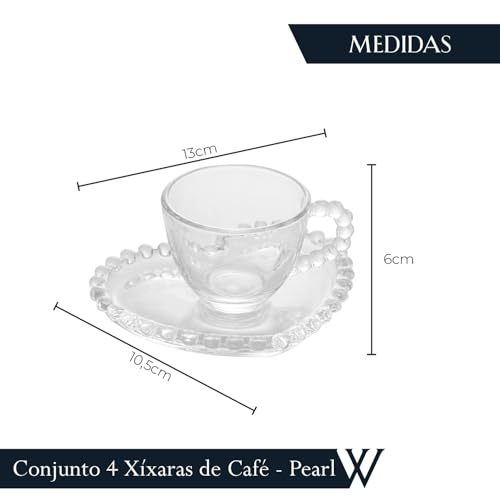 Wolff Coração Pearl Conjunto de Xícaras para Café com Pires de Cristal 4 Peças, Transparente, 85 ml