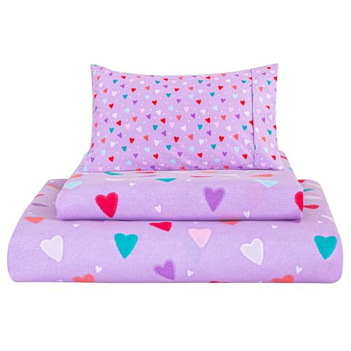 Viviland 3 Pieces Girls Purple Twin Sheet Set - Soft Microfiber Fitted Flat Sheets & Pillowcase - Colorful Hearts Printed Bedding Sets - for Kids & Toddlers