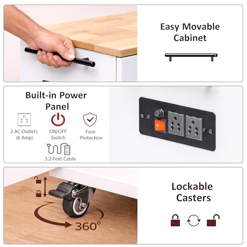 Image of Rocco Walky Kitchen Island Storage Cabinet with Wheels, Solid Rubber Wood Top, Fluted Acrylic Doors, Built-in Power Sockets & LED Lights, Soft-Close Hinges & Side Organizer (White, Medium Size)