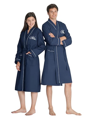 AW BRIDAL Wedding Gifts for Newlywed Couples 2025, Anniversary Mr and Mrs Waffle Knit Robe for Engagement Bridal Shower, Personalized Navy Matching Robes for Women and Men with Embroidered Monogram