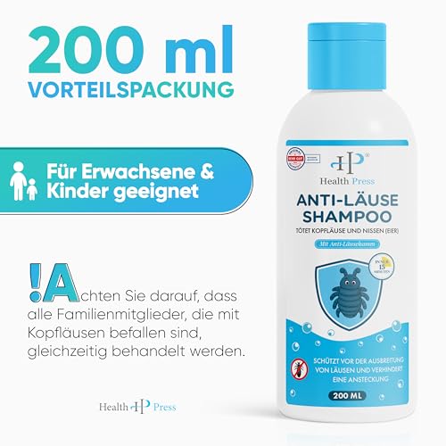 Health Press Anti-Läuse-Shampoo – 200 ml Vorteilspackung – Läuse Shampoo inkl. Läusekamm – Läuseshampoo Familienpackung für Erwachsene, Kinder – In EU zugelassenes Medizinprodukt in Apothekenqualität