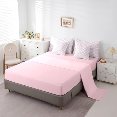Image of Erosebridal Pink and Grey Girls King Comforter Set 7 Piece Cute Checkered Bedding Sets with Sheets for Kids Teen Women,Geometric Grids Plaid Bed in A Bag Bedroom Decor,Gingham Bed Set