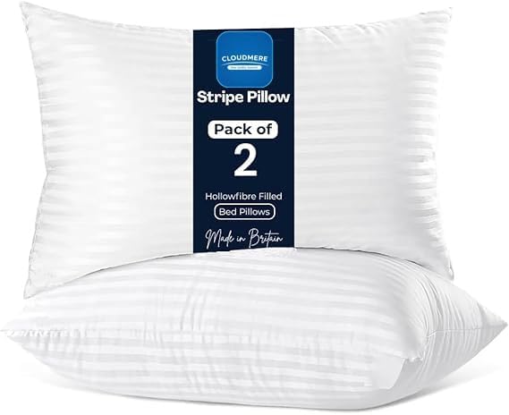 Cloudmere Pack of 2 Stripe Pillows Hotel Quality – Original Down Alternative Pillows for Sleeping, Soft Support for Back, Stomach & Side Sleepers (74 cm x 48 cm)