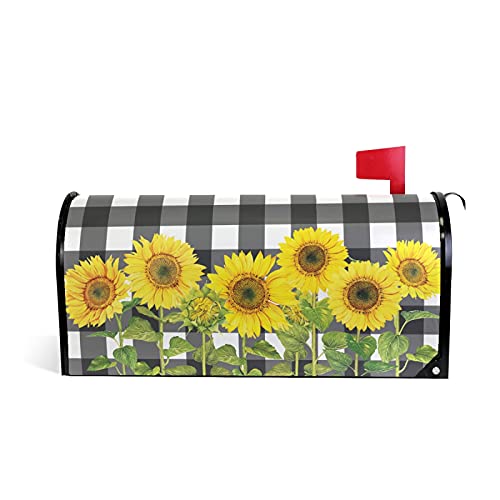 Kcldeci Plaid Sunflower Magnetic Mailbox Cover Buffalo Check Mailbox Wraps Post Classic Monogram Letter Box Cover Mailwraps Standard Size 18' X 21 for Welcome Home Garden Yard Decor