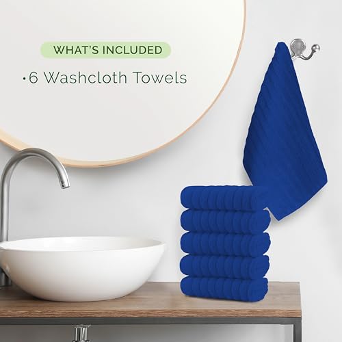 Image of Elegant Comfort 100% Turkish Cotton Corduroy Ribbed Luxury Washcloths 6 Pack Soft 13 x 13 Inch - Higly Absorbent, Durable, Quick Dry, Spa Premium Hotel Quality for Bathroom or Travel, Royal Blue