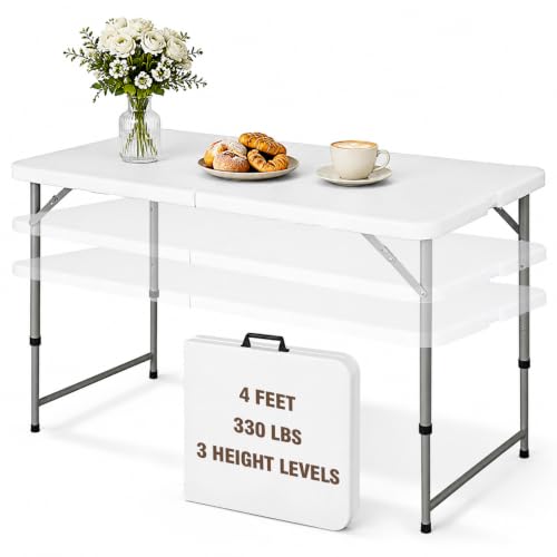 4ft Foldable Table with Built in Handle, 3-Level Adjustable Height, White by Whynear - Used condition - US$69.00