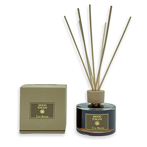 EVOM Fragrance Diffuser for Environments with Rattan Sticks, refillable, Red Grapes Fragrance, 110 ml glass wood diffuser, home scented, long lasting perfume, Made in Italy