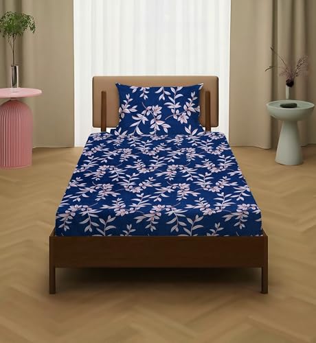 Image of la' amour Pure Cotton All Round Elastic Fitted Bedsheets with 1 Pillow Cover | Single Mattress Bed Breathable| Longlasting | Supersoft Size - 36 x 72 + 6 inches (Abstract, Color -White Navy Blue)