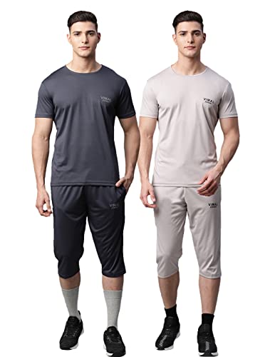 Image of VIMAL JONNEY Dryfit Solid Lycra Multicolor Tracksuit Co-ord Sets for Men (Pack of 2)-DRYFIT T D13 GRY L.GRY 04-S