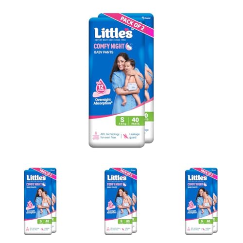 Image of Little's Baby Diapers S Size (Small) Pants Style | 4-8 kg | 80 Count | Comfy Nights Baby Diaper Pants with Leakage Guard & Upto 12 Hours Absorption (40 Count, Pack of 8)