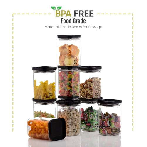 Image of 1100 ML Push Up Airtight Container Set of 6 | Transparent Square Plastic Storage Jars with Black Push-Up Lid | BPA-Free Kitchen Dabba for Snacks, Dry Fruits, Grains & Pantry Organization