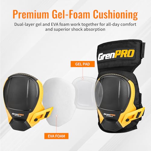Image of GRENPRO Heavy Duty Knee Pads for Men, Gel Foam, TPR Shell, Construction | POM buckles, neoprene straps, 4-point fastening, metal rivets, 600D fabric, left-right fit, flooring, tiling, gardening