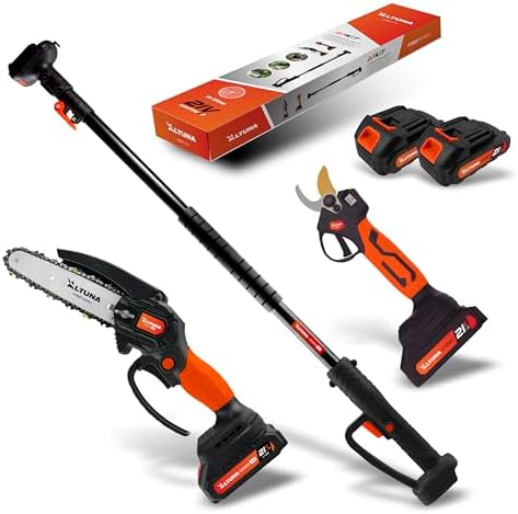 Altuna Titanium Battery Pruning Kit – Battery Chainsaw + Electric Pruning Shears + Telescopic Pole for Pruning in Height up to 3.7 Metres – Includes 2 Batteries – with Charger and Glasses Altuna Titanium Battery Pruning Kit – Battery Chainsaw + Electric Pruning Shears + Telescopic Pole for Pruning in Height up to 3.7 Metres – Includes 2 Batteries – with Charger and Glasses
