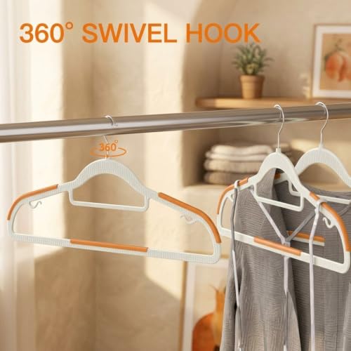Image of Anti Slip Clothes Hangers - Space Saving Dry & Wet Hangers with Non-Slip Pads - Heavy Duty Coat, Suit, Underwear, Pants, Shirts (Orange, Pack of 10)